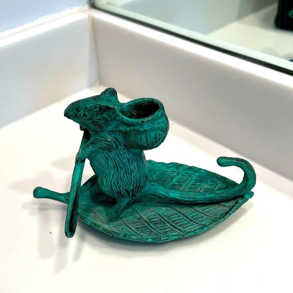 Green Mouse on a Leaf with a paddle Candle Holder Accent with Vintage Charm
